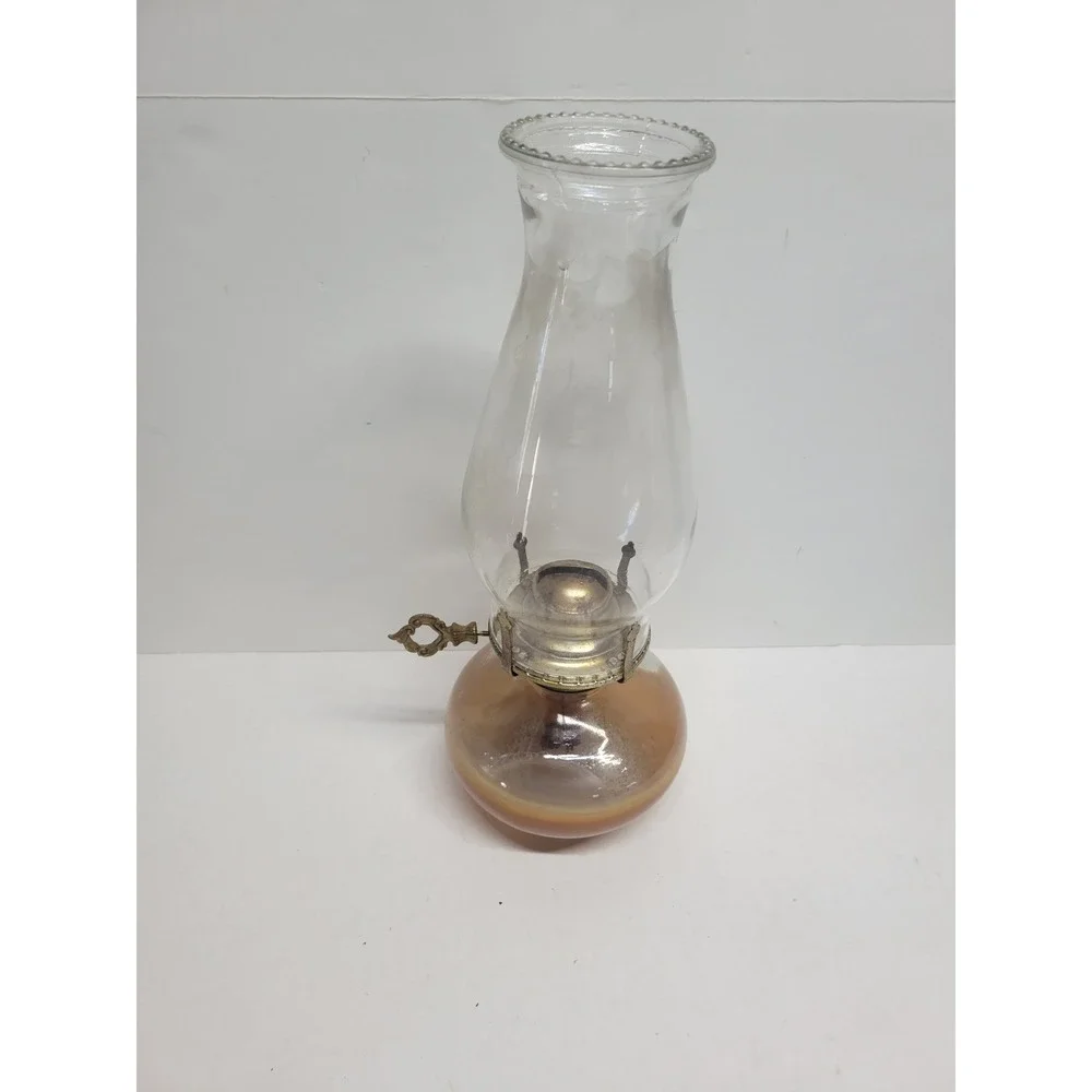 Vintage Amber Glass Oil Lamp with Clear Beaded Chimney 12in‎